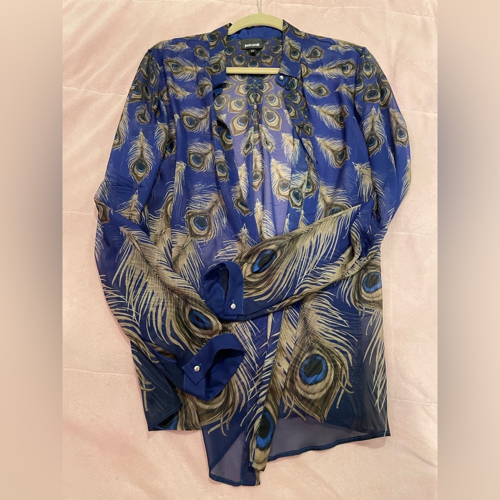 Just Cavalli Vibrant Blue and Tan Feather Pattern Shirt size 46